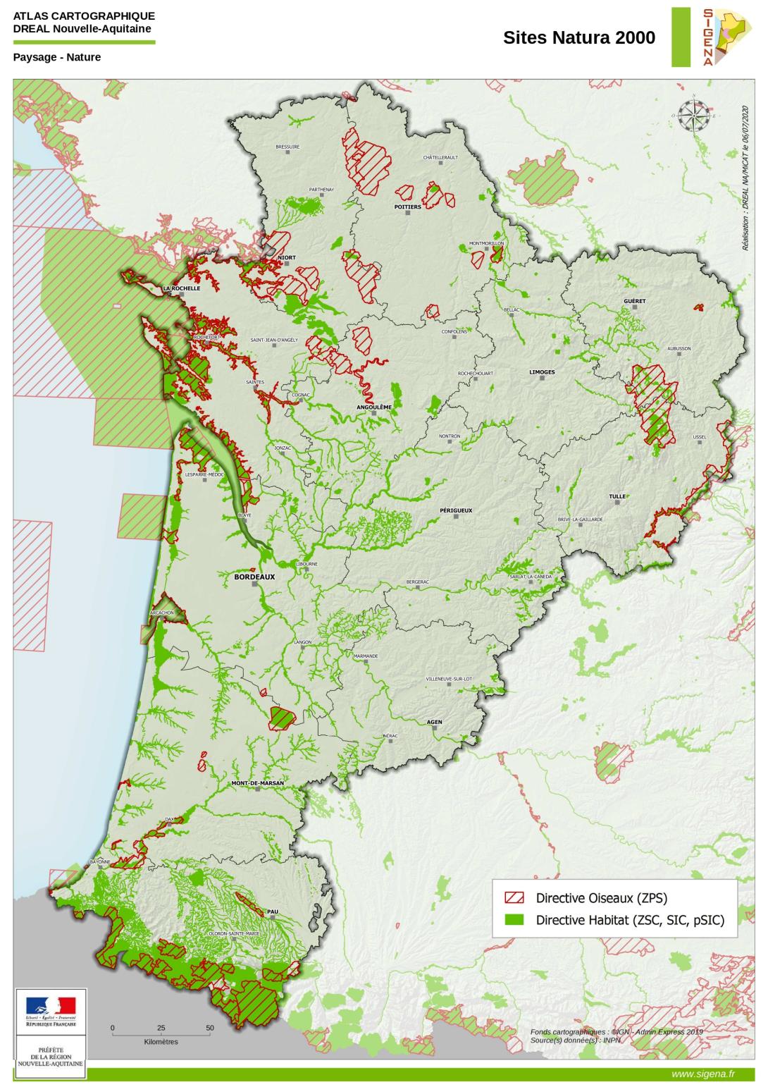 Carte des sites Natura 2000 en Nouvelle-Aquitaine